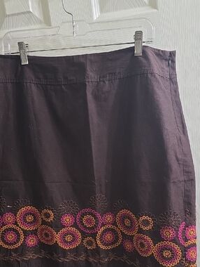 Axcess Brown Midi Skirt with Pink & Orange Embroidered Hem Circles Size 12